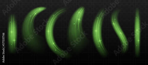 Green glowing shiny lines effect vector background. Luminous white lines of speed. Light glowing effect. Light trail wave, fire path trace line and incandescence curve twirl