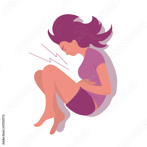 A young woman suffers from abdominal pain. Lying position. Symptom of menstruation, acute gastritis, diarrhea. Disease of the gastrointestinal tract. Vector illustration isolated on white background