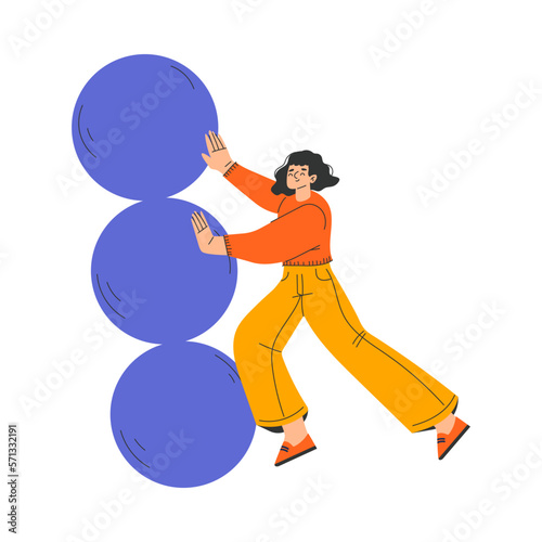 Woman Character Pushing Big Blue Shape Vector Illustration