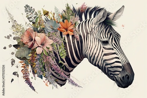 zebra on white with flower