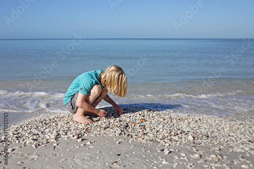 Young boy child collecting seashells on beach by ocean