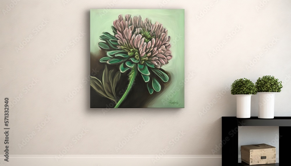 Fototapeta premium a painting of a pink flower on a green background on a wall next to a black shelf with a white vase and two white vases. generative ai
