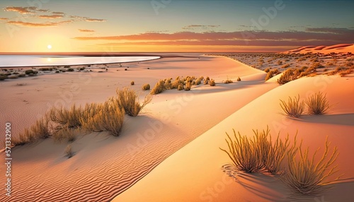  a desert landscape with sand dunes and plants in the foreground and a setting sun in the distance with a body of water in the distance. generative ai