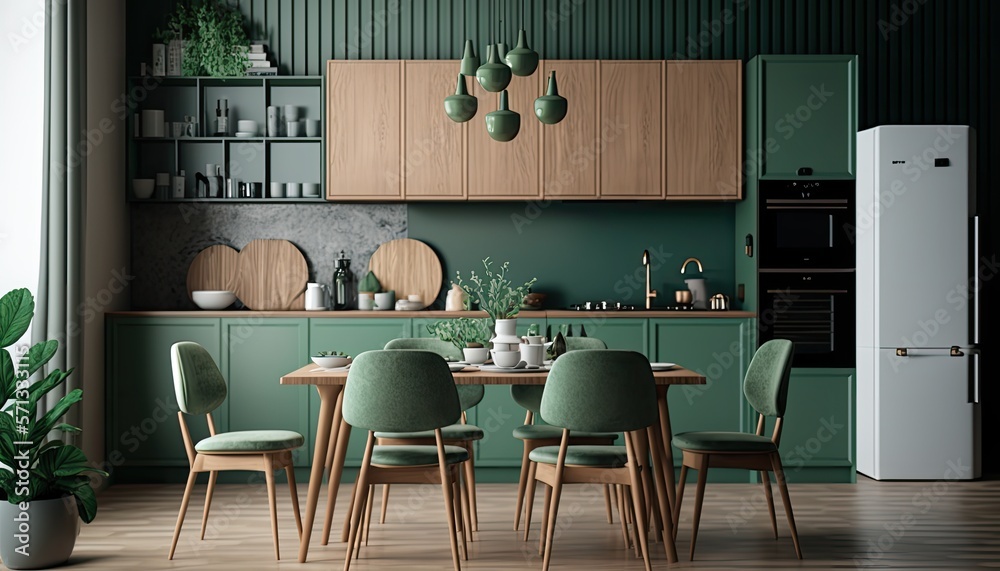 Luxurious, modern contemporary green wall kitchen room with dining ...