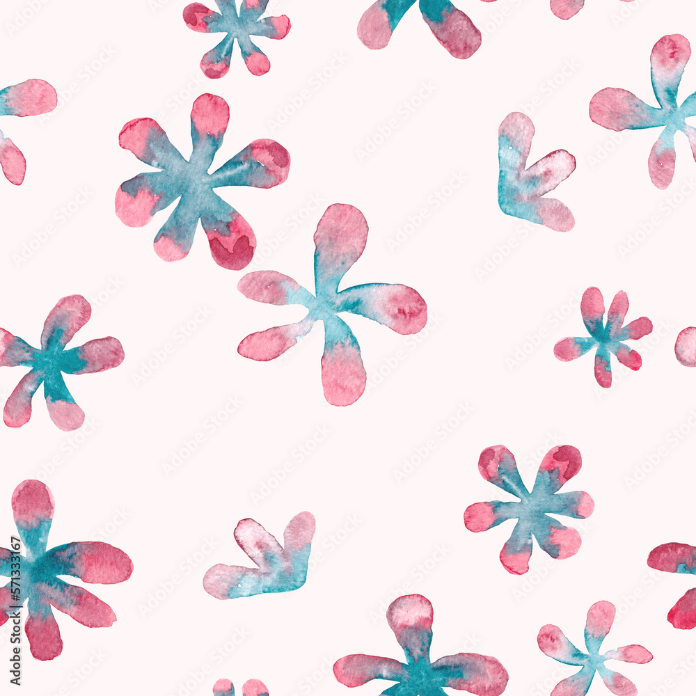 Blue and pink flowers watercolor painting - abstract seamless pattern on light pink background