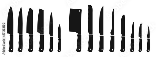 Black knives set. Different types of knife, stainless sharp bladed equipment for cooking, monochrome cutlery simple silhouettes. Vector flat collection