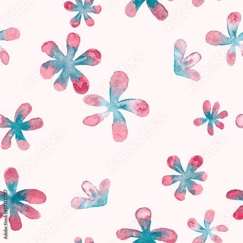 Blue and pink flowers watercolor painting - abstract seamless pattern on light pink background © justesfir