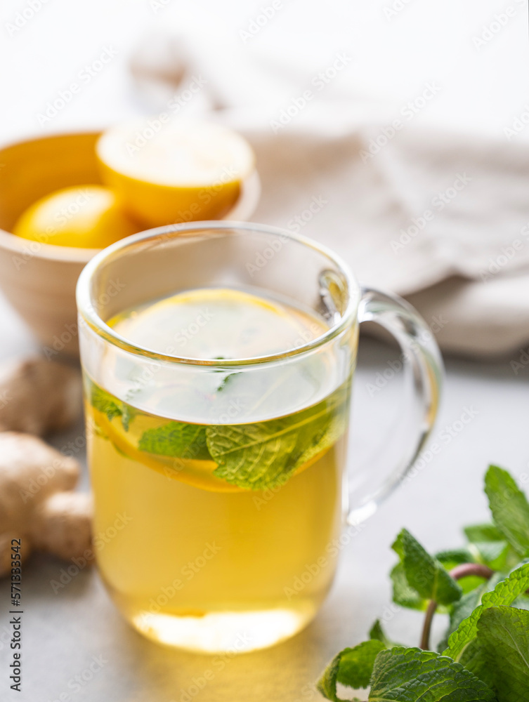 Herbal tea with fresh lemon, mint and ginger on a light background with morning light close up. The concept of a healthy drink. Herbal tea with fresh lemon, mint and ginger on a light background with morning light close up. The concept of a healthy drink.