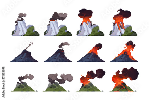 Volcano eruption. Cartoon volcanic mountain with different stages of explosion, flow magma, fire and smoke, crater with lava, ash and gases. Vector flat set