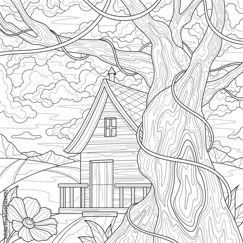 House near the tree.Coloring book antistress for children and adults. Illustration isolated on white background.Zen-tangle style. Hand draw