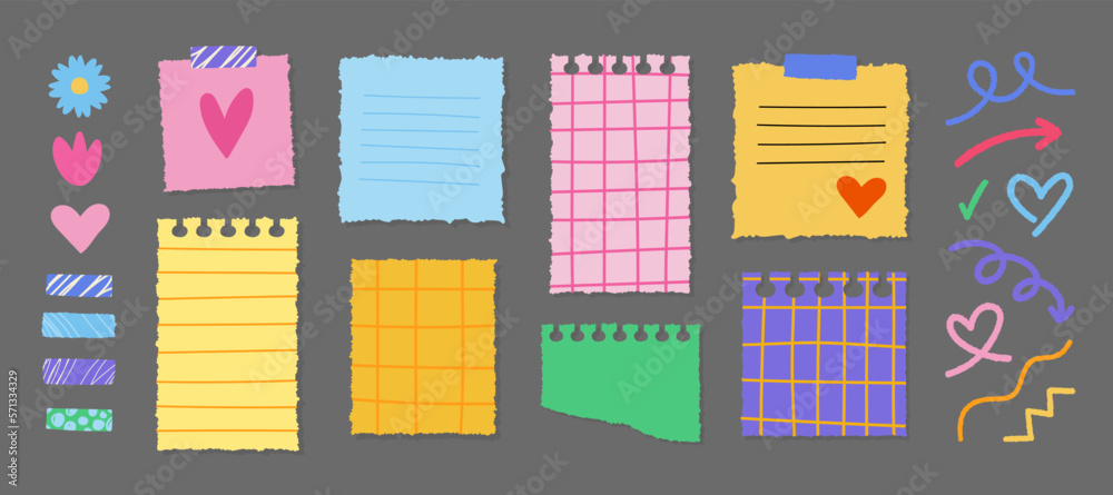 Cute doodle style sticker pack isolated on dark. Colorful stationary: planners, notebook page, sticky notes with different cartoon decor elements: scotch tapes and scribble lines vector illustration. Cute doodle style sticker pack isolated on dark. Colorful stationary: planners, notebook page, sticky notes with different cartoon decor elements: scotch tapes and scribble lines vector illustration.