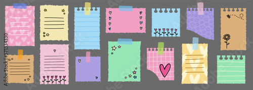 Set of different sticky notes reminder isolated on dark vector illustration. Colorful doodle style notepad, notebook sheets, memo reminders, planner, diary scrapbooking decor elements collection.