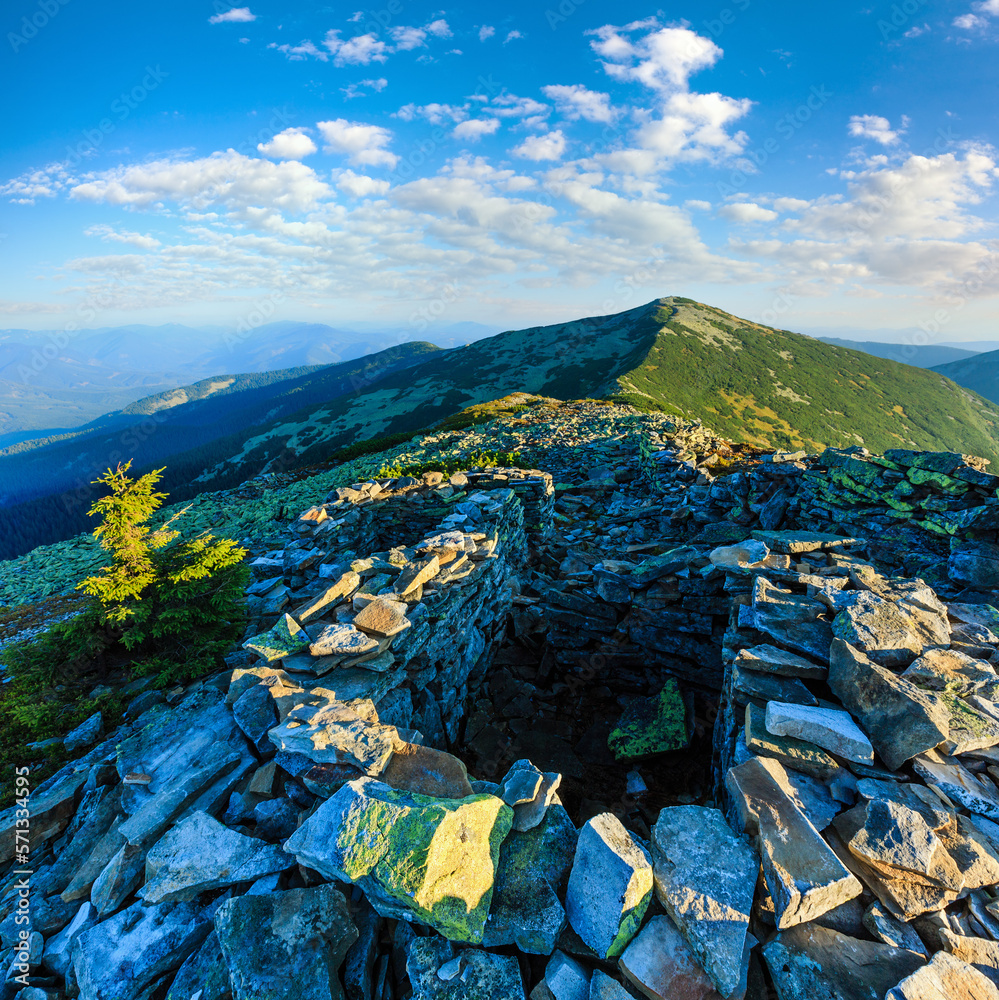 Obraz premium Summer morning Carpathian mountain top view from stony summit of Ihrovets Mount (Gorgany, Ukraine).