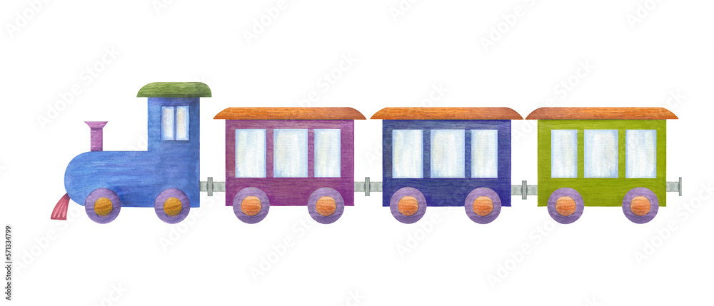 Watercolor illustration of a set of kid wooden train isolated on white background. Nursery, Kids Room Decor. Eco-friendly materials Child Toys. Print, poster, background, decor, wallpaper, wrapping. Watercolor illustration of a set of kid wooden train isolated on white background. Nursery, Kids Room Decor. Eco-friendly materials Child Toys. Print, poster, background, decor, wallpaper, wrapping.