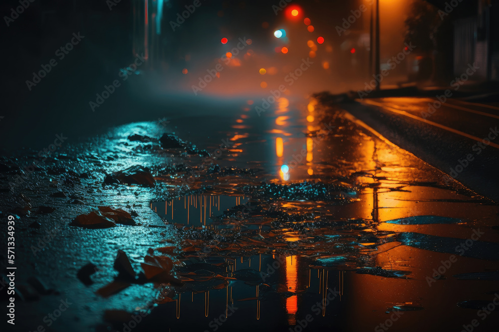 Wet asphalt of the night city, fog, light. Illustrations Generative AI