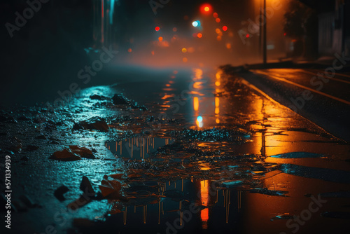 Wet asphalt of the night city  fog  light. Illustrations Generative AI