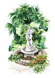 Garden fountain with a figurine. Small architectural form. Landscape design element. Hand drawn watercolor illustration  isolated on white background