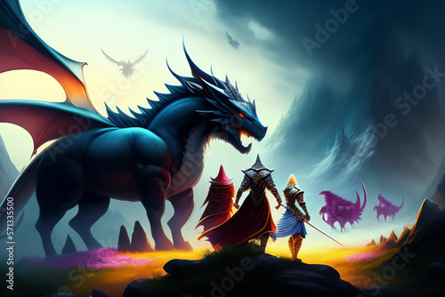 dark knight warrior in the battle with giant fire dragon knight with the light sword standing near the giant fire dragon