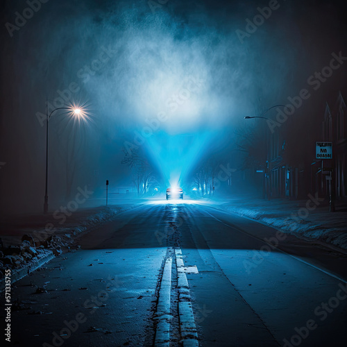 Wet asphalt of the night city, Blue fog, light. Illustrations Generative AI