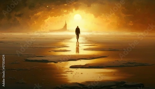  a person walking on a beach at sunset with a castle in the distance in the distance, with the sun shining through the clouds and the water.  generative ai © Anna