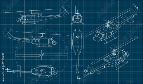 Combat military helicopter us army. Fighting vehicle during the Vietnam War. Blueprint with projections and isometry. Scale model.	