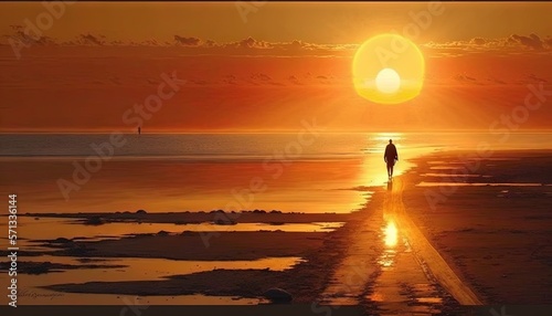  a person standing on a beach at sunset with the sun in the background and the water reflecting the sun's reflection in the water. generative ai