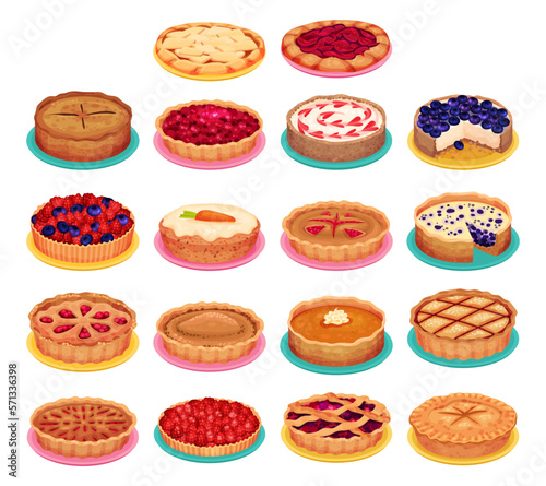 Different Sweet Round Pies with Crust on Plate Big Vector Set