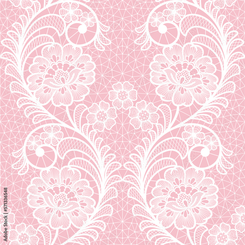 Seamless abstract lace floral background. White flowers on pink backgroung.