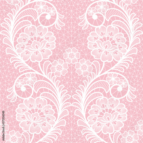 Seamless abstract lace floral background. White flowers on pink backgroung.