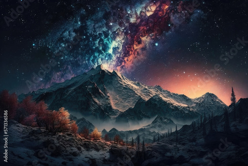 Starry sky mountain. Illustration AI Generative