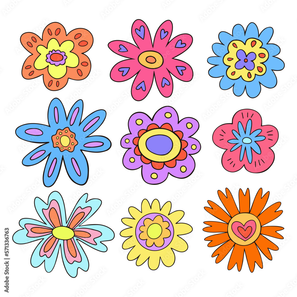 Vector set of fancy retro style flowers. Good vibes daisy flower. Funky primitive flowers illustration. Vintage style 1960 and 1970s Vector set of fancy retro style flowers. Good vibes daisy flower. Funky primitive flowers illustration. Vintage style 1960 and 1970s