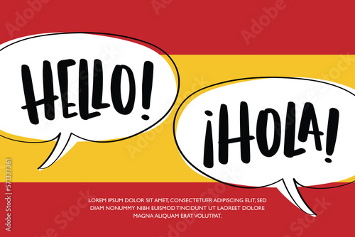 Hello and Hola text in speech bubble. Hola, hello in Spanish language. Spain flag background. photo