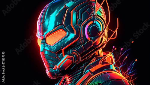 superhero, ant, neon, with various colors on a black background, 2D illustration, digital art