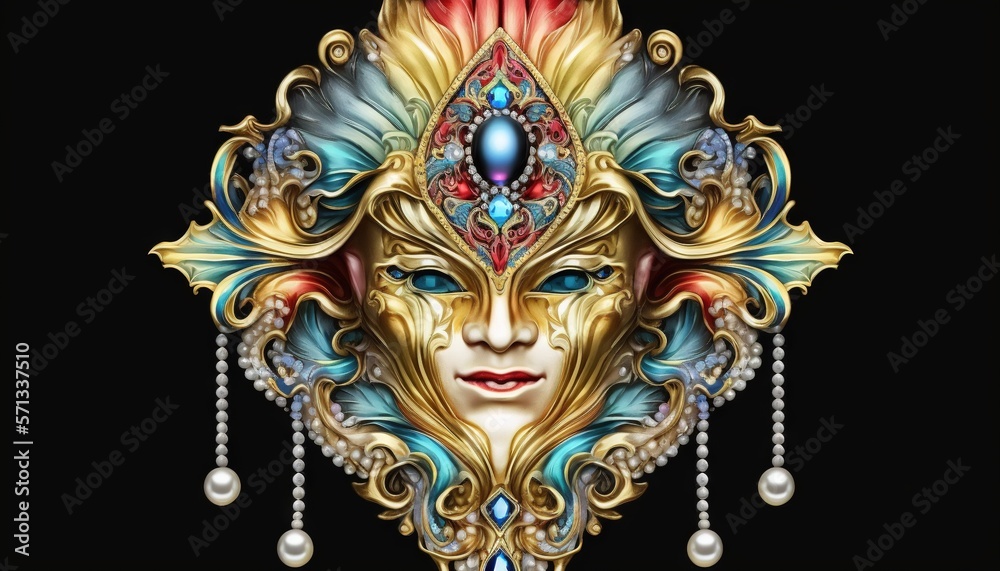 a colorful mask with pearls hanging from it's sides and a face with a face of a woman in the middle of the mask. generative ai a colorful mask with pearls hanging from it's sides and a face with a face of a woman in the middle of the mask. generative ai