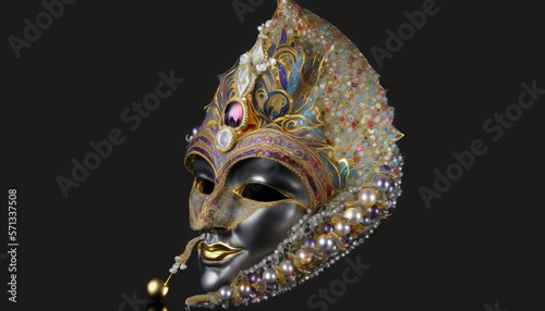  a carnival mask with a pipe in its mouth and beads on the bottom of it, on a black background, with a black background.  generative ai