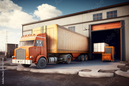 Large truck with trailer, loaded with boxes, in a yard of a transport and forwarding company - AI generative