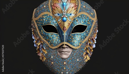  a blue mask with gold and blue feathers on it's face and a blue mask with gold and blue feathers on it's face. generative ai