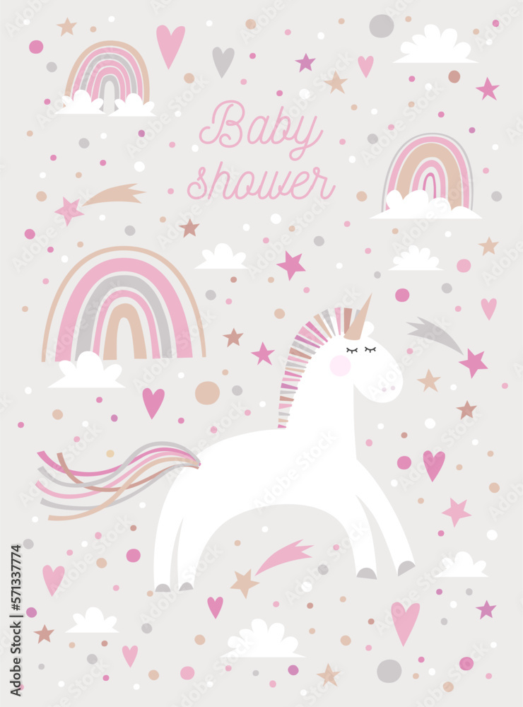 Baby shower card. Illustration of the unicorn, rainbows, hearts, stars and clouds