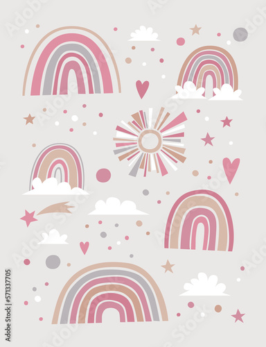 Cute forecast collection. Illustration of the rainbows, hearts, stars, sun and clouds
