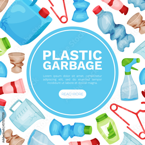Plastic Garbage and Trash Banner Design with Bottle and Objects Vector Template