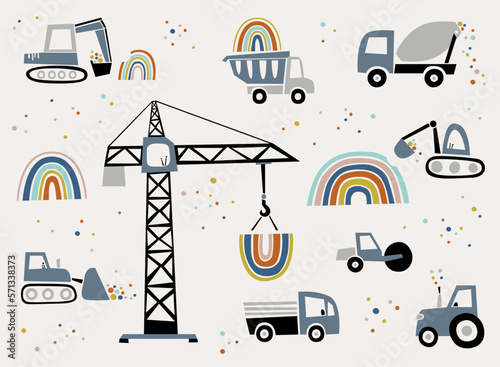 Construction site. Collection of the construction equipment and machinery  and rainbows
