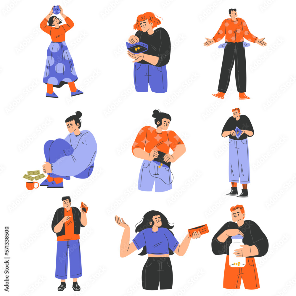 Poor People Characters with Empty Pocket Having No Money Vector Set Poor People Characters with Empty Pocket Having No Money Vector Set