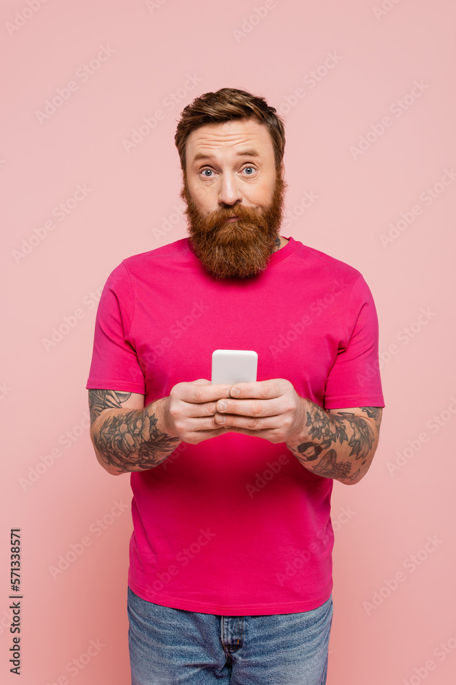 discouraged bearded man in magenta t-shirt holding mobile phone and looking at camera isolated on pink.