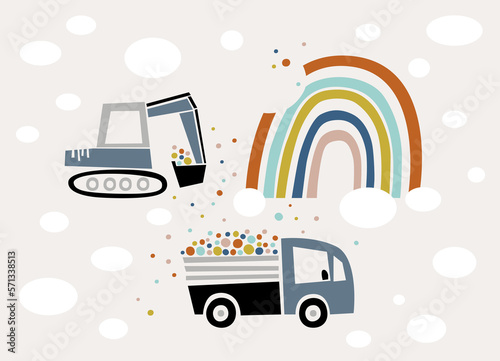 Rainbow construction site. Illustration of the excavator loads confetti from rainbow on the dump truck
