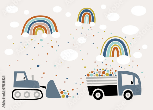 Rainbow construction site. Illustration of the excavator loads confetti from rainbow on the dump truck