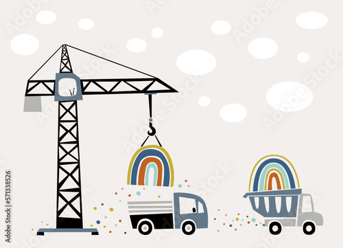 Rainbow construction site. Illustration of the crane loads rainbow on the dump truck