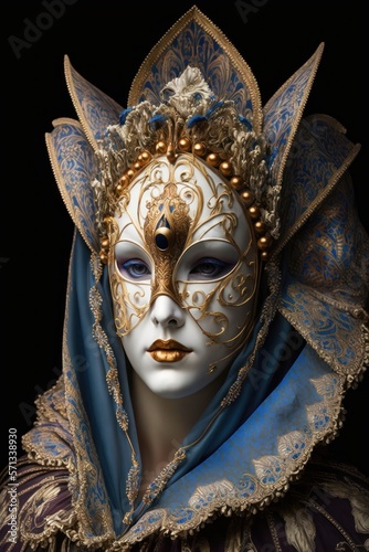 Venetian carnival woman costume with mask isolated on black background. Masquerade female clothes for traditional mask festival.