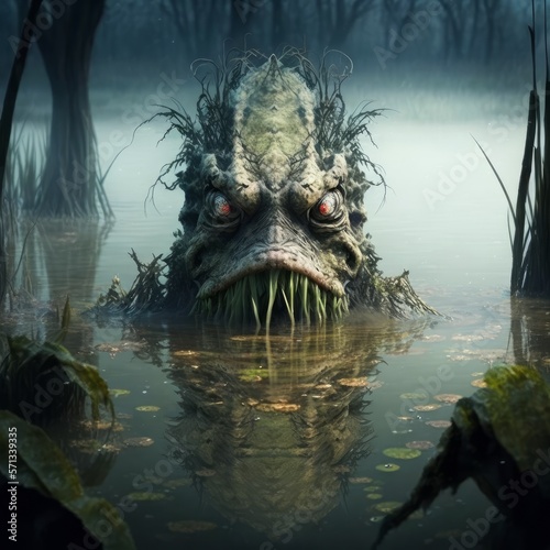 Creepy Swamp Monster Peeking Out of Water in Misty Bog [Generative AI]
