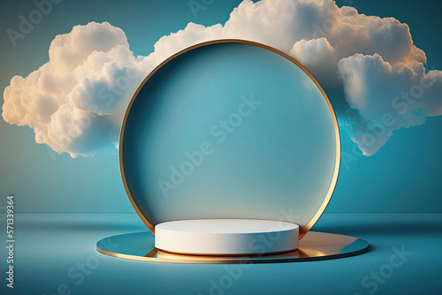 Blue background with podium and clouds. Illustration AI Generative