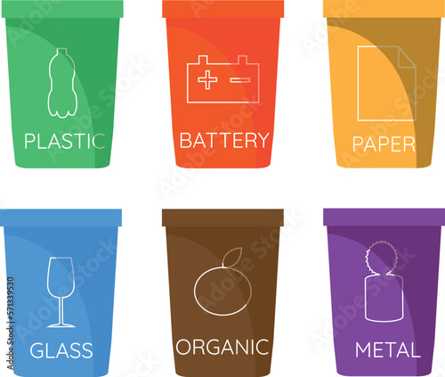 Collection of colorful separation recycle bin icon.Organic,batteries,metal,plastic,paper,glass,waste,aluminium,food,can,bottle.Bin vector,recycle bin.Vector illustration. Isolated on white